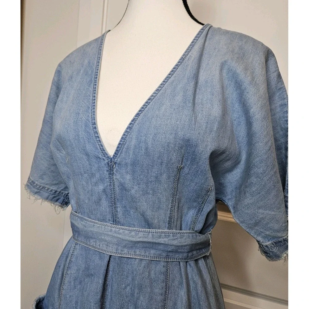 Free People Denim Asymmetrical Hem Mini Dress Size 4 Belted Dolman Sleeve Deep V